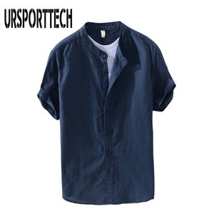 Ursporttech Sommar Vintage Mens Shirt Bomull Linen Lös Casual Solid Kortärmad Knapp Toppar Harajuku Brand Blus 210708