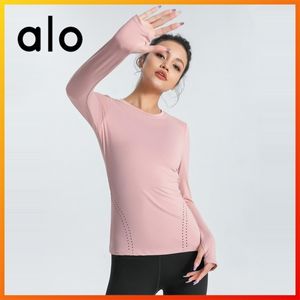 Alo Yogaの女性のファッションスポーツTシャツの女性のセクシーな屋外ジムフィットネストップスの運動ランニング長袖メッシュステッチ新しい