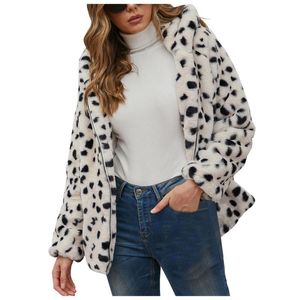 Kvinnors Jackor Kvinnor Vinter Plus Storlek Faux-Fur Hoodie Outwear Leopard Print Varm Tjockad dragkedja Trendig Overcoat Lightweight Jacket