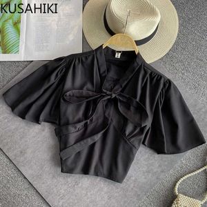 Bow Tie V-neck Women Blouse Summer Puff Sleeve Shirt Causal Short Blusas Mujer De Moda Verano Elegantes 6G909 210603