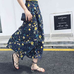 Tül Etek Siyah Harajuku Pileli Kore Uzun Yüksek Bel Streetwear Bohemian Çiçek A-Line 210428