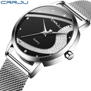 CrRju Kobiety Moda Luksusowy Zegarek Kryształ Kwarcowy Kobiet Piękno Zegarek Złoty Silver Stainless Steel Dress Watch 210517