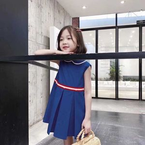 Bealaholly New Summer Girls Korean-Style Princess Dress Pure Cotton Pink och Navy Peter Pan Collar Vest Dress Girls Dresses Q0716