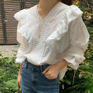 Abbigliamento donna Bianco Harajuku Camicie moda Camicie cuciture in pizzo Camicetta con scollo a V Camicetta in cotone a maniche lunghe 121E 210420