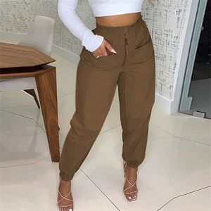 2021 Yeni Moda Zarif Kadınlar Uzun Pantolon Streetwear Rahat Cepler Dantel-up Kargo Pantolon Bahar Yaz Katı Ofis Lady Pantolon Q0801