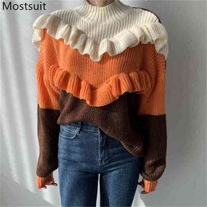 Korean Elegant Color-blocked Ruffles Sweater Pullover Women Long Sleeve Mock Neck Thicken Stylish Ladies Fashion Jumpers Tops 210513