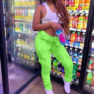 Neon Yeşil Sweatpants Kadınlar Yüksek Bel Streetwear Siyah Kargo Pantolon Kadın Joggers Sonbahar Cepler Rahat Ter Pantolon Kadın Y211115