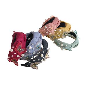 3 pcs borboleta estérica Knotted Womens Headbands Grande tecido coberto Cabelo de arco com miçangas de pérola