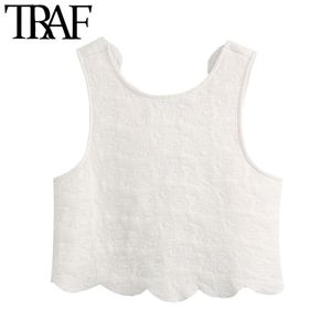 TRAF женская мода волнистые подол стеганые обрезанные блузки винтажные без рукавов задний бак завязанные женские рубашки шикарные вершины 210415