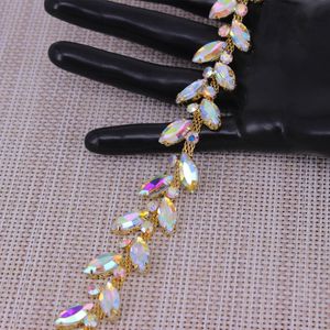 Wedding Sashes Colorful Leaves Shape Crystal Rose Gold silver gold AB Rhinestones Trim Metal Chain Ribbon For Dress Bag Shoes A304J