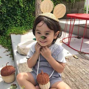 Cute Spring Summer Kids Boy Girl Cartoon Cappelli Beach Holiday Lace Up Rattan intrecciato Bambini Baby Outdoor Decoration Hat Cap 1-8T 210713