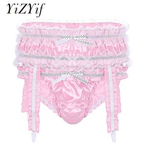 YiZYiF Intimo Uomo Sissy Mutandine Lingerie Raso lucido Ruffled Frilly Vita bassa Slip elastico con giarrettiere Mutandine Uomo sexy H1214