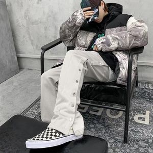 Mäns byxor Dubbelsidan Knapp Jogger Sweatpants Män Elastiska Wasit Streetwear Loose Casual Hip Hop Byxor Wide Leg Harajuku Cargo