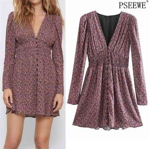 Floral Impressão Mini Dress Mulheres Inverno V Neck Button Vintage Manga Longa Senhoras Cintura Elástica Elegante ES 210519