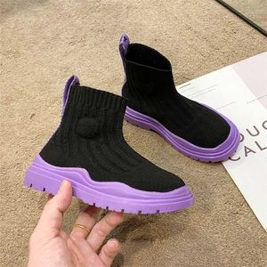 High Top Kids Socks Shoes Autumn Winter Slip-On Children Boots Girls Casual Sneakers Boys Thick Bottom Non-Slip Child Shoes Soft 211022