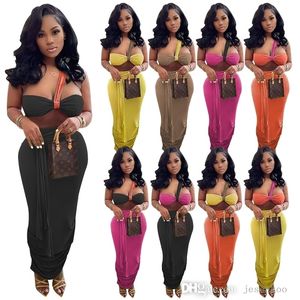 Designer Two Piece Dress Suit 2022 Summer Women Sexy Hanging Chest Pleated Bandage Skirt Sets One Step Long Skirts Clubwear