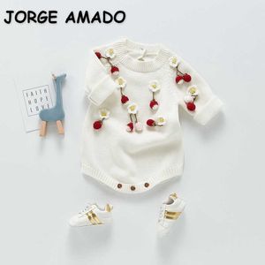 Våren baby flicka bodysuit applique blommor ull jumpsuit född söt stil barn kläder e32 210610