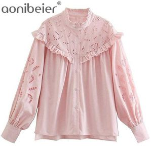 Summer Women Hollow Embroidery Side Slit Pink Blouse Female Long Sleeve Shirt Casual Lady Loose Tops Blusas 210604