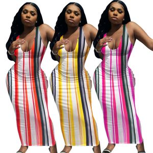 Women Maxi Dresses Plus Size 2XL Striped One-piece Dress Casual Slip Floor-length Skirts Sexy Beach Wear Summer clothes skinny long skirt DHL 5153