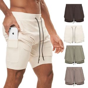 Мужские спортивные шорты Двухслойные подвесные полотенце дизайн фитнес-беговые дышащие сплошное цветовое колено длиной короткие штаны