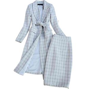 Yüksek Kaliteli Kış Kadın Takım Elbise Etek Set Moda Ekose Bayanlar Uzun Ceket Kaban Zarif Ince İki Parçalı Suit 210527