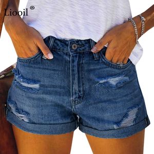 Liooil ممزق جينز السراويل للنساء الصيف الشارع الشهير مع جيب سستة مثير أسود أزرق إمرأة عالية الخصر تمتد الدينيم قصيرة 210611