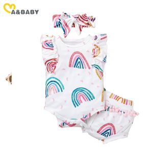 0-24m Summer Born Infant Baby Girl Ubrania Zestaw Ruffles Rainbow Romper Pom Shorts Stroje 210515