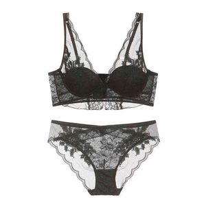 NXY Sexy Setflower Cienka kubek Mesh Koronki Bra i majtki Zestaw V Neck Broundside Sexy Bielizna z Push Up Women Lingerie Whie Black 1127