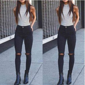 Hohe Taille Mode Koreanische K-POP Loch Skinny Jeans Boyfriend für Frauen Vintage Mädchen Slim Ripped Denim Bleistift Stretchy Hosen Y211115