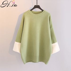 H.SA ropa mujer invierno Patchwork Green Knit Sweater and Jumpers White Sleeve Casual Thick Warm Knitwear Winter Top 210417