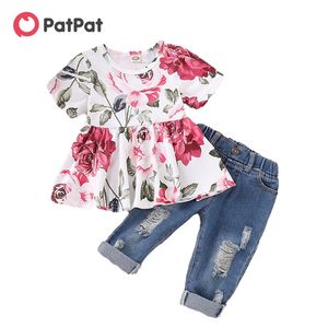 Vår och sommar Fresh Floral Short-Sleeve Topp Jeans Set Baby Girl Kläder Barnkläder 210528