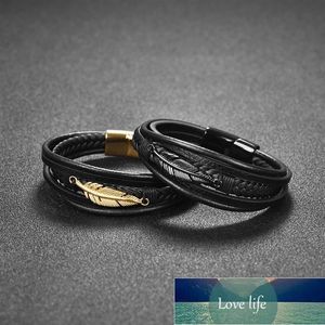 Genuine Leather Bangle Leaf Feather Multi-Layer Men Bracelet Stainless Steel Magnetic Clasp Fashion Bangles Vintage Male Jewelry Factory price expert design