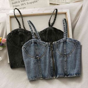 Koreansk stil mode casual dragkedja kort beskuren denim väst kvinnors toppar sommar försiktig maskin skönhet tillbaka camisol halter topp 210420