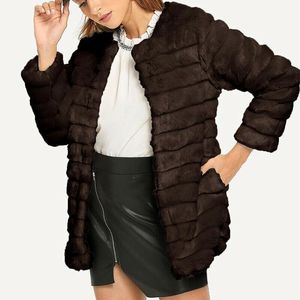 女性のトレンチコート冬の暖かいエレガントな外装のフェイクの毛皮長袖パーカーオーバーコートAHY