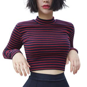 Crop Tops Women Chic All-Match Classic Stripe Slim Krótki Bustier Crop Top Turtleneck T-shirt Seksowne Koszule Tee 210419