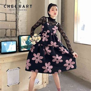 Żakardowa perła spaghetti pasek sukienka vintage kwiecisty czarny różowy długie damskie ładny cami koreańska odzież mody 210427