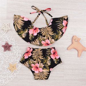 Recém-nascido infante Ruffle Swimsuit Kid Meninas Bikini Setwear Crianças Crianças Bebé Cintura Cintura Impressão Banheira Terno Beachwear