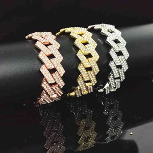 Erkek Bilezik Hip Hop 20mm Buzlu Tam Rhinestone Asfalt Bling Prong Küba Zirkon Hiphop Moda Takı