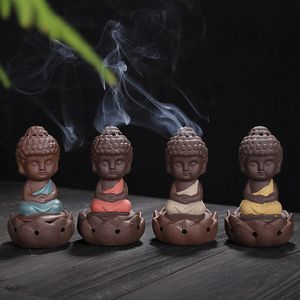 DHL gratuito Turibolo del piccolo monaco Regali decorativi Bruciatore di incenso in ceramica viola sabbia Buddha per decorazioni per la casa Arti e mestieri