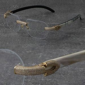 2022 New Black Mix White Buffalo Horn Frames Wood Eyewear Rimless Diamond set Óculos Men Women with C Decoration Rocks Wire 18K gold frame óculos Unisex Eyeglasses