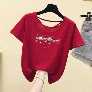 Harajuku Summer T shirt Women Beading Letter Pink Tee Shirt Femme Vintage T-shirt Female Short Sleeve Cotton White Tshirt Tops 210604