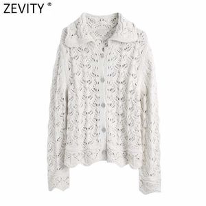 Zevity Women Fashion Turn Down Collar Hollow Out Crochet Stickning Cardigans Sweater Kvinna Chic Diamond Knappar Casual Tops S592 210603
