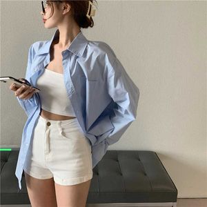 Womengaga Błękitna koszula Top Wiosna Lato Z Długim Rękawem Loose Casual Koreański Bluzka Moda Sexy Korea Azjatycka Dziewczyna Kobieta Vo7r 210603