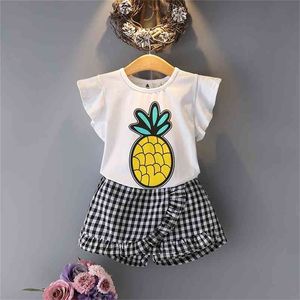 여름 소녀의 의류 세트 우아한 공주 과일 티셔츠 + 인쇄 된 격자 무늬 치마 2pcs 정장 어린이 옷 어린이 210625