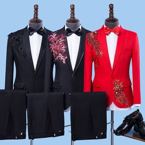 İşlemeli Erkekler Düğün Erkek Blazer Suits 3 Parça Blazer + Pantolon + Papyon Moda Parti Erkekler Suit Set Sahne Kostüm Homme 210524