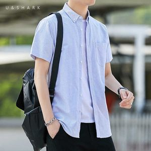 UShark verão azul listrado oxford camisa manga curta homens moda camisa de algodão puro para mens vestido camisas casuais 210603