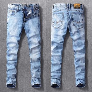 Ly designer moda homens jeans retrô luz azul elástico magro encaixe rasgado vintage casual denim desgastado buraco liso calças