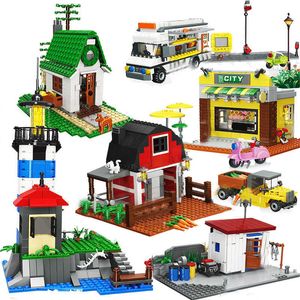 Miasto Miasto Street View Farm Village Blocks Set Shop Wagon Architektura Dom Model Przyjaciele Zabawki Edukacyjne dla dzieci Q0624