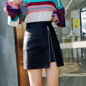 Aelegantmis Elegant Chic Black Pu Leather Skirt High Waist Zipper Women Mini Casual Summer Short Ladies A-line 210607