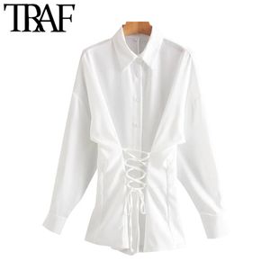 Traf Women Fashion Justerbar midja med Bow Soft Touch Bluses Vintage Long Sleeve Button-Up kvinnliga skjortor Chic Topps 210415